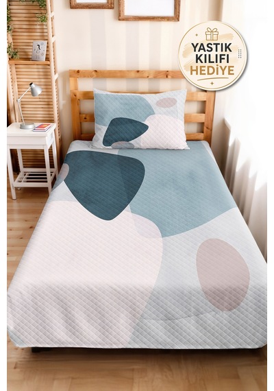 Mavi Geometrik Modern Genç Odası Tek Kişilik Pike Takımı-pudra Gri 160x220 Cm Kapitone Yatak Örtüsü Krem