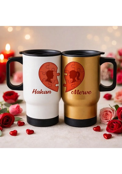 Bk Gift Kişiye Özel Sevgili Çift Tasarımlı 2li Kulplu Beyaz&gold Çelik Termos Mug 450 Ml -1, Sevgiliye Hediye, Sevgililer Günü Hediyesi Kobitmeyencom3