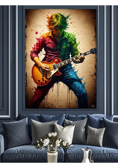 Ahşap Tablo Gitar Çalan Renkli Modern Sanatçı