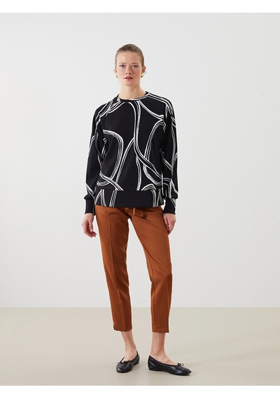 Lcwaıkıkı Classic Siyah Bisiklet Yaka Desenli Oversize Kadın Sweatshirt
