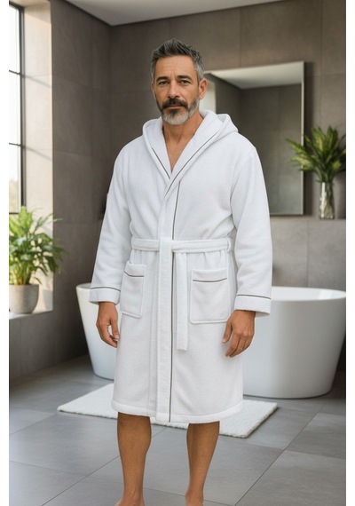 % 100 Pamuklu Laodikeia Kapşonlu Unisex Kadın Erkek Bornoz Beyaz