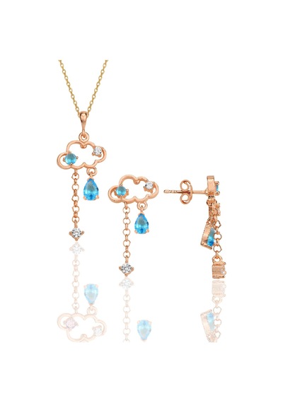 Gümüş Rose Akuamarin Ve Zirkon Taşlı Bulut Kolye Ve Küpe İkili Set Barcode Pembe Altın