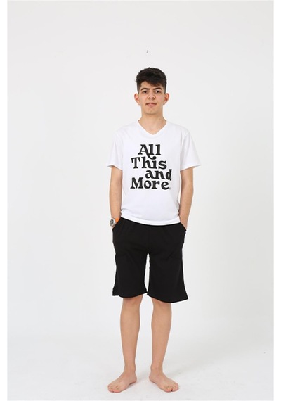 Akbeniz Erkek Genç Garson Boy Kısa Kol Beyaz Penye Şortlu Pijama Takımı 20377