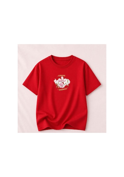 Herkesemoda Choose Kındness Baskı Detaylı Kadın Bisiklet Yaka Pamuklu T-shirt Kırmızı