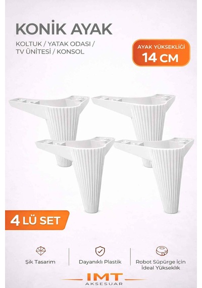 İmt Aksesuar Konik 14 Cm Beyaz Mobilya 4 Adet Ayağı Robot Süpürgeye Uyumlu Koltuk Tv Ünitesi Konsol Ayağı Beyaz