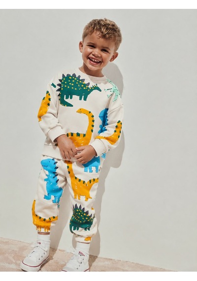 Mila Mood Erkek Çocuk Dinozor Desenli Sweatshirt Jogger Pantolon 2 Li Takım Krem