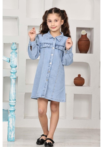 Kız Çocuk Gömlek Yakalı Jean Elbise 12171 Mavi