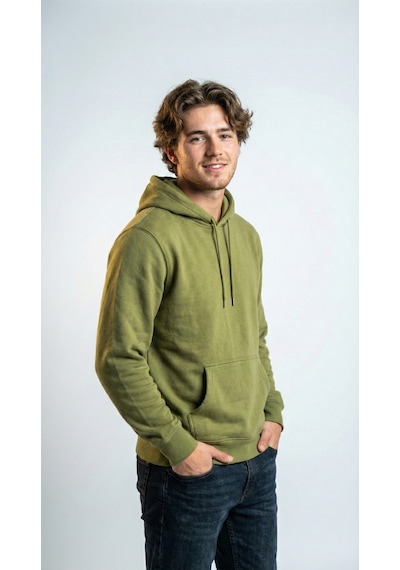 Hoxie Unisex Rahat Kesim Pamuklu Yumuşak Dokulu İçi Polarlı Basic Desenli Kapüşonlu Sweatshirt Yeşil
