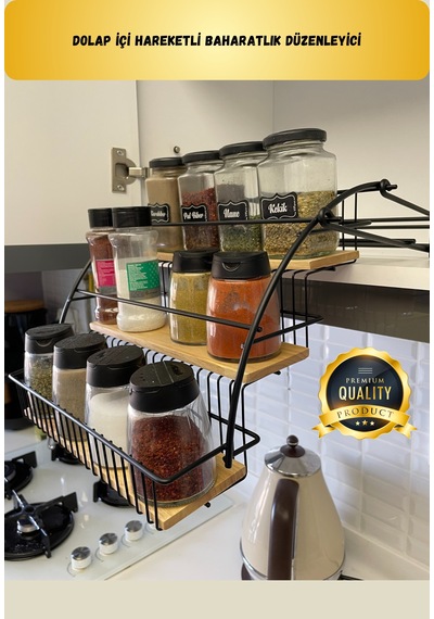 Dolap İçi Hareketli Baharatlık Düzenleyici Metal Baharatlık Stand Siyah