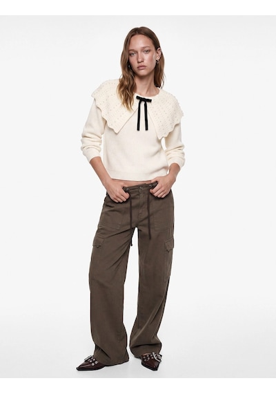 Koton İnci Boncuklu Örgü Şal Yaka Uzun Kollu Kurdele Fiyonklu Triko Kazak Ekru