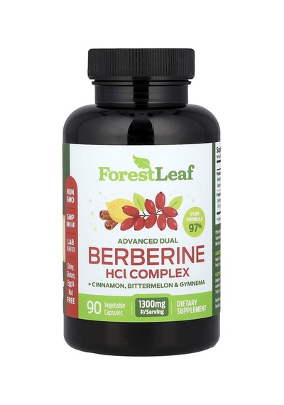 Forest Leaf, Advanced Dual Berberine Hcl Complex + Cinnamon, Bittermelon & Gymnema, 90 Vegetable Capsules Aromasız