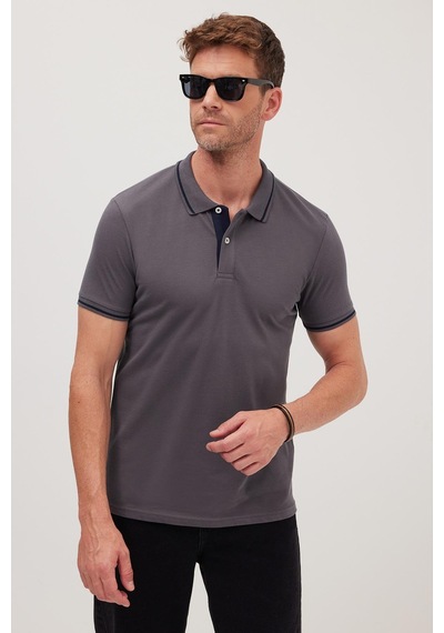 Tudors Erkek Slim Fit Dar Kesim %100 Pamuk Yumuşak Dokulu Serin Tutan Kumaş Düz Pike Füme Polo Yaka Tişört-42248 Füme