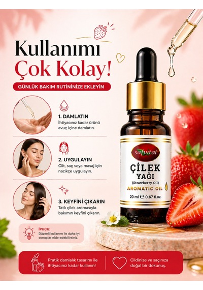 Çilek Yağı 20 Ml Aromatik Bitkisel Yağ Doğal Bakım Yağı Cilt Ve Saç İçin Nem Desteği