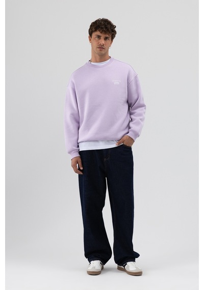 Vamos Oversize Bisiklet Yaka Baskılı Sweatshirt Lila