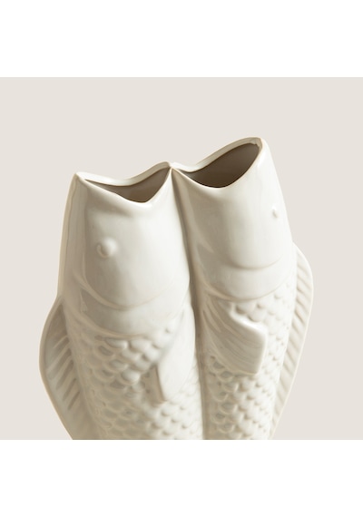 Çift Balık Figürlü Beyaz Stoneware Vazo Natural