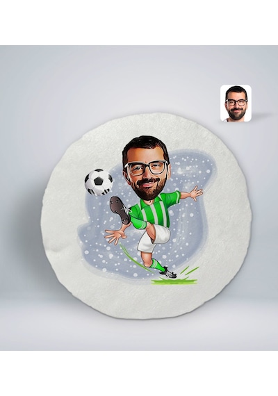 Bk Gift Kişiye Özel Erkek Yeşil Beyaz Futbolcu Karikatürlü Yuvarlak Araç Koltuk Yastığı-1