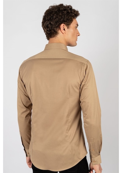 Tudors Slim Fit Dar Kesim Likralı Düz Saten Erkek Gömlek-19939 Kahverengi