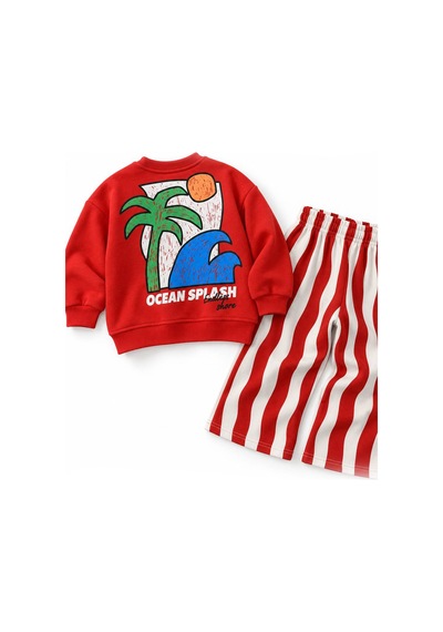 Monila Erkek Çocuk Kırmızı Baskılı Pamuklu 3 İplik Sweatshirt Ve Çizgili Eşofman Alt Üst Takım