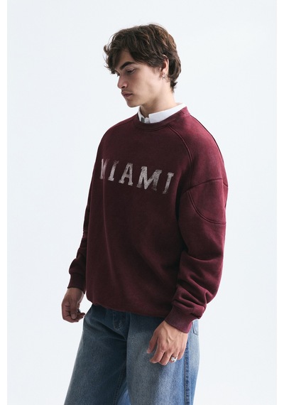 Vamos Miami Baskılı Bisiklet Yaka Sweatshirt Bordo