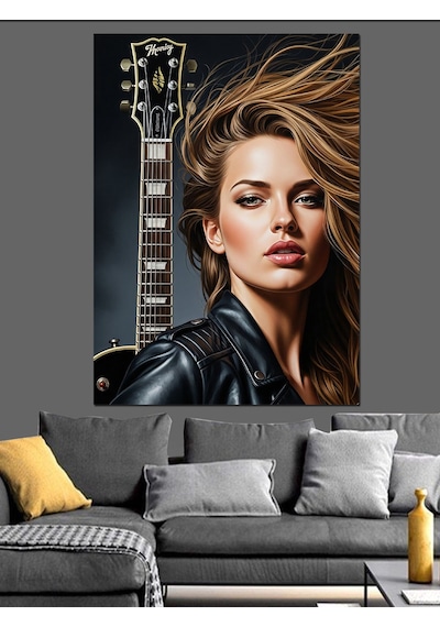 Gitar Çalan Uzun Saçlı Kadın Dekoratif Kanvas - Mdf Ahşap Tablo