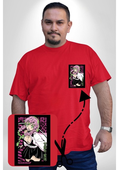 Angemiel Anime Demon Slayer Kimetsu No Yaiba Mitsuri Kanroji Kırmızı Büyük Beden Kadın Basic Minimal Baskılı Tişört Kırmızı