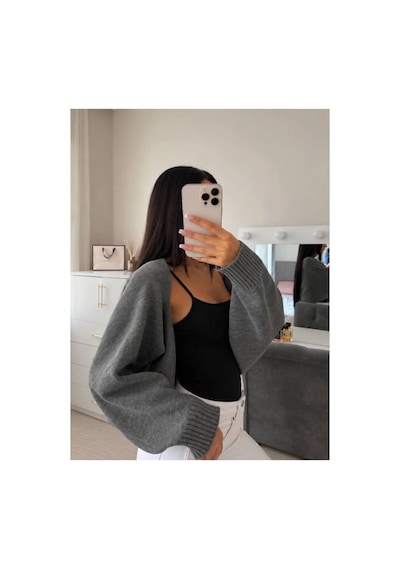 Flex Fashıon Kadın Sokak Modası Akrilik Crop Triko Hırka Füme Koyu Gri Füme - 928384069 Füme - 928384069 Füme