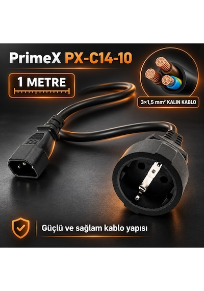 Primex Px-c14-10 Schuko, 1 Metre 3x1.5mm Ups/psu Schuko Çevirici Kablo, Ups Priz Çevirici 3x1.5mm Kalın Kablo, Kısa Schuko Kablo Full Bakır