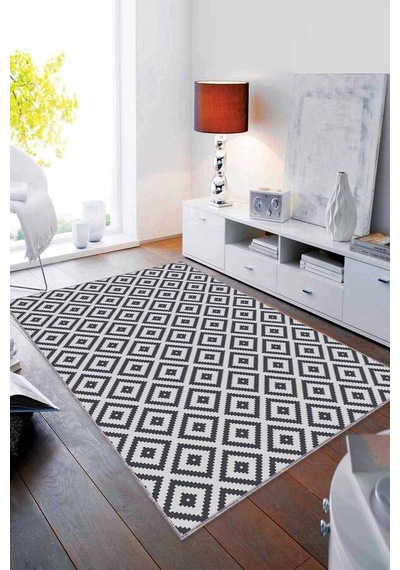 Gri Antrasit Karo Desen Kaymaz Tabanlı Dekoratif Halı Rv183n11 Gri - Antrasit