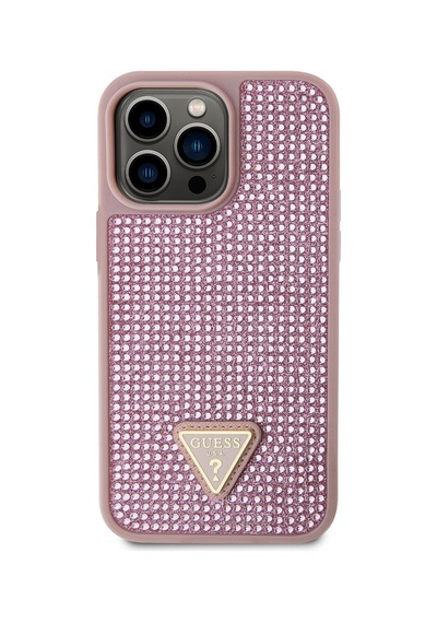 Apple iPhone 14 Pro Max Uyumlu Kılıf Guess  Lisanslı Taşlı Arka Yüzey Üçgen Logolu Kapak Pembe