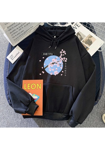 Startmore Beyaz Japon Çiçeği Sakura Grafik Hoodies Sıcak Rahat Rahat Po Siyah