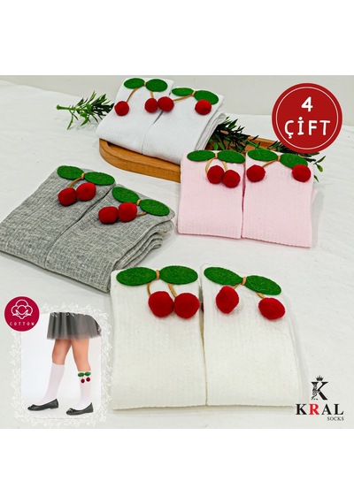 Kral Socks Kız Çoçuk Çorap Kiraz Desenli Renkli Pamuklu Okul Çorabı