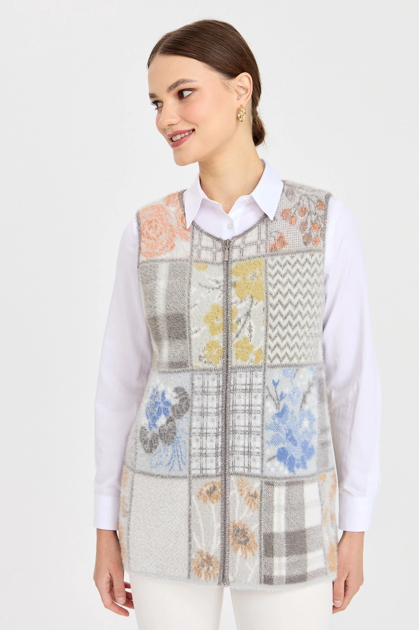 Desen Triko Kadın Sıfır Yaka Patchwork Yelek K.gri K.GRİ