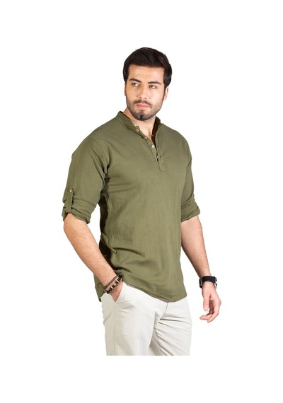 Uzun Kol Şile Bezi Bodrum Erkek T-Shirt Düz Haki 9004