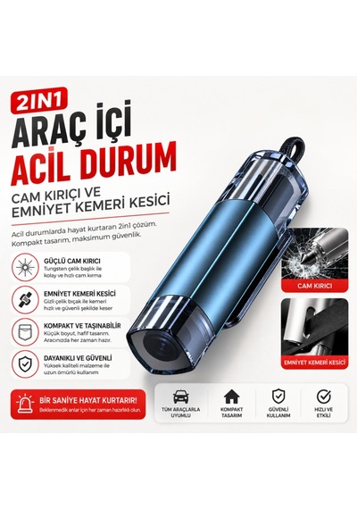 Polham 2in1 Araç İçi Acil Durum Cam Kırıcı Ve Emniyet Kemeri Kesici Tungsten Çelik Uçlu Güvenlik Aparatı
