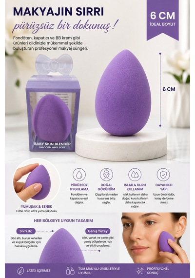 Makyaj Süngeri Mor Beauty Blender Fondöten Ve Kapatıcı Uygulama Süngeri, 6 Cm
