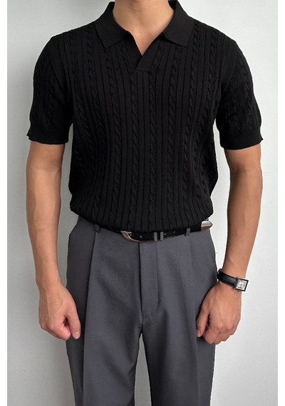 Erkek Fitilli Polo Yaka Triko T-shirt Siyah