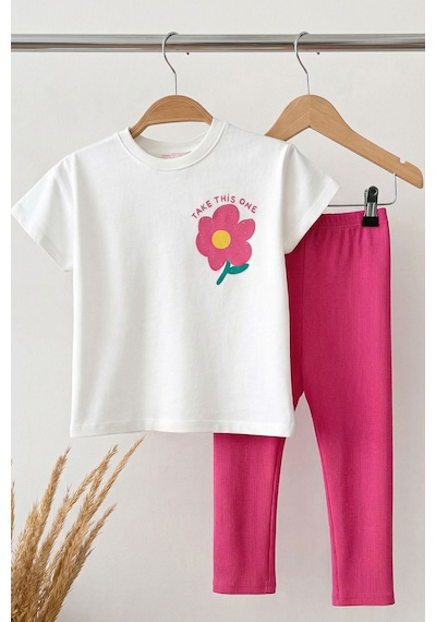 Zuzunga Cute Flower Baskılı Kız Çocuk Takımı Pembe Taytlı Fuşya