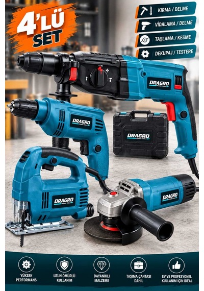Dragro DRG-21V Çelik Şanzıman M Elektrikli 4'lü Set Matkap + Taşlama + Kırıcı Delici Hilti + Dekupaj
