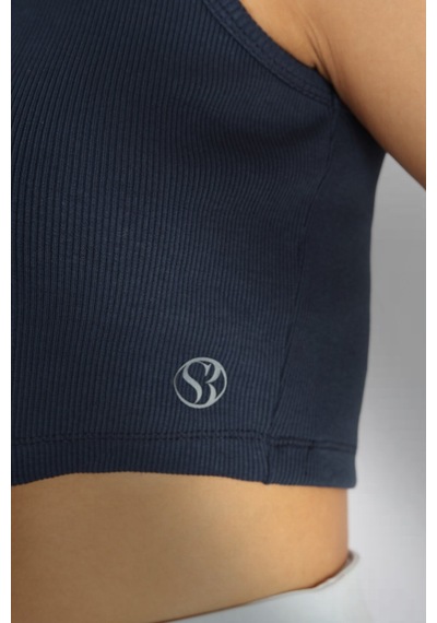 Soft&Basic Kadın Lacivert Basic Halter Yaka Esnek Biyeli Kaşkorse Kumaş Crop Top Body Atlet Lacivert