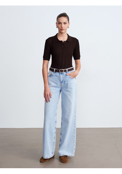 Dilvin 10781 Polo Yaka Ajurlu Triko Bluz-koyu Kahve