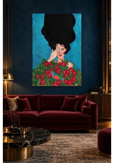 Fida Gözünü Eliyle Kapatan Kız Ve Kırmızı Güller Canvas Tablo Çok Renkli
