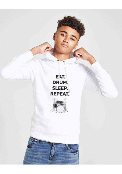 Tshirthane Eat Drum Sleep Repeat Baskılı Unisex Çocuk Kapüşonlu Beyaz Sweat Beyaz