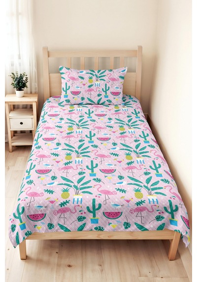 Evimde Bambaşka Flamingo Tropikal Pembe Kız Çocuk Pike Takımı-kaktüs Ananas Mint Bebek Odası Yatak Örtüsü 160x220  CM