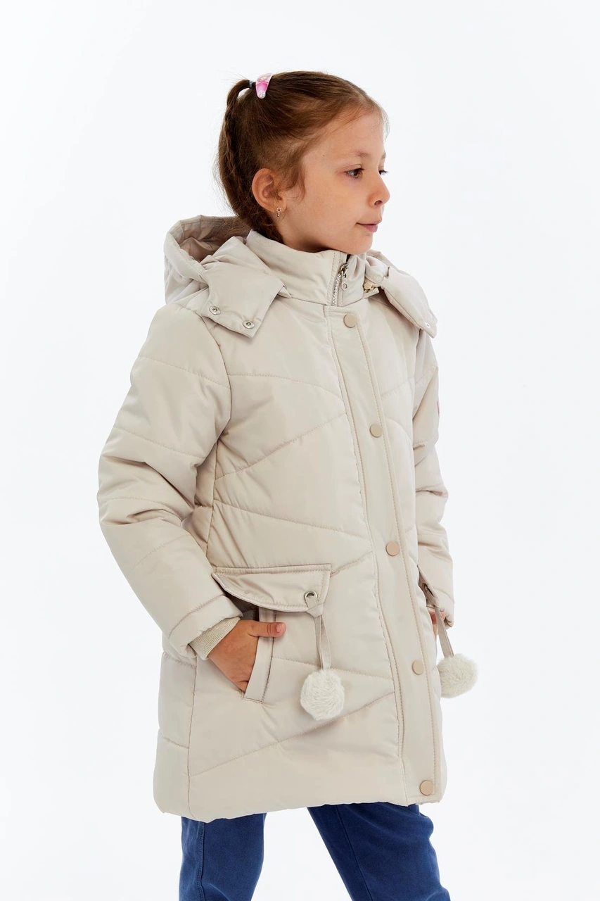 Benitto Kids Kapüşonlu Kışlık Ponpon Detaylı Kız Çocuk Kaban 51354 Ekru