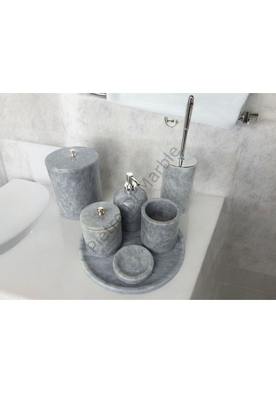 Gri Mermer Klasik Model 7 Parça Gümüş Renk Düğme Aksesuarlı Banyo Seti Gri