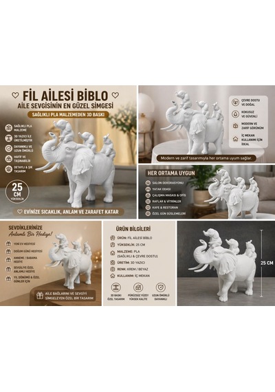 Fil Ailesi Dekoratif Biblo 25 Cm 3d Baskı Sağlıklı Pla Aile Temalı Şık Ev Dekoru & Anlamlı Hediye