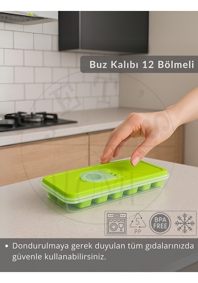 2'li Set Buz Kalıbı 12 Bölmeli Esnek Silikon Buz Küpü Bpa Free Kare Bas Parmak Buzluk 3x3 Cm Yeşil Yeşil