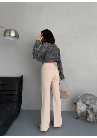 Bej Denım Kumaş Yırtmaç Detaylı Wide-leg Pantolon Bej
