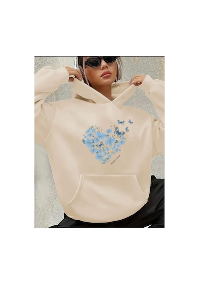 Herkesemoda Baskılı İçi Polarlı Sweatshirt Bej