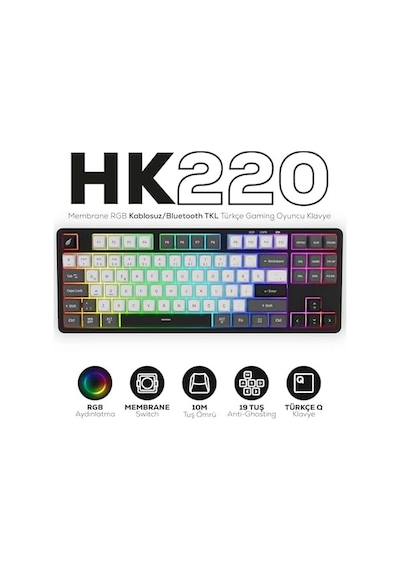 Gaming Hk220 Membrane Rgb Kablosuz/bluetooth Siyah Beyaz Tkl Türkçe Gaming Klavye